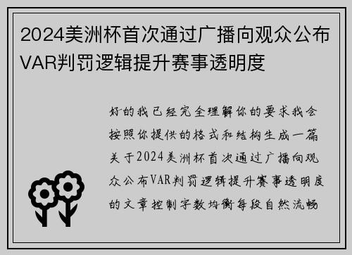 2024美洲杯首次通过广播向观众公布VAR判罚逻辑提升赛事透明度