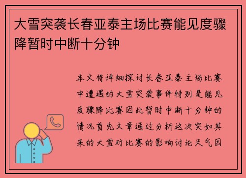 大雪突袭长春亚泰主场比赛能见度骤降暂时中断十分钟